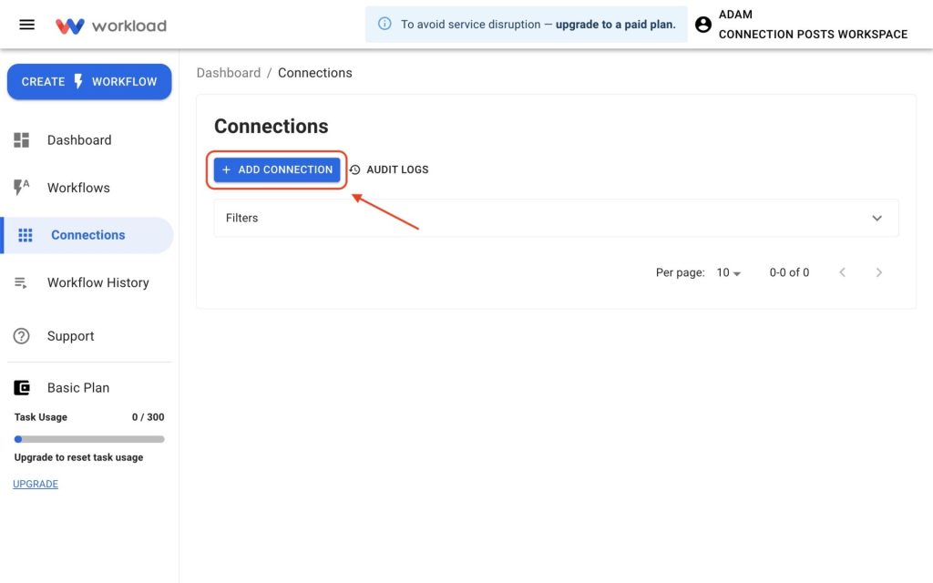 Click + Add Connection in Workload to start linking Google Calendar.