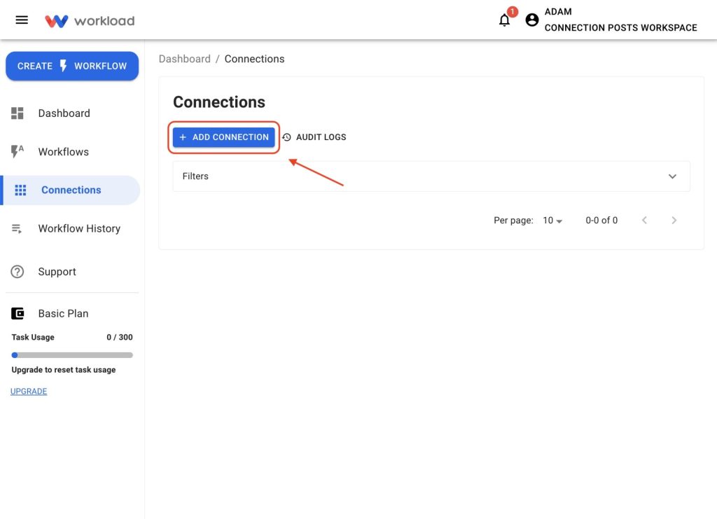 Click the + Add Connection button in Workload to start to link your Jotform account