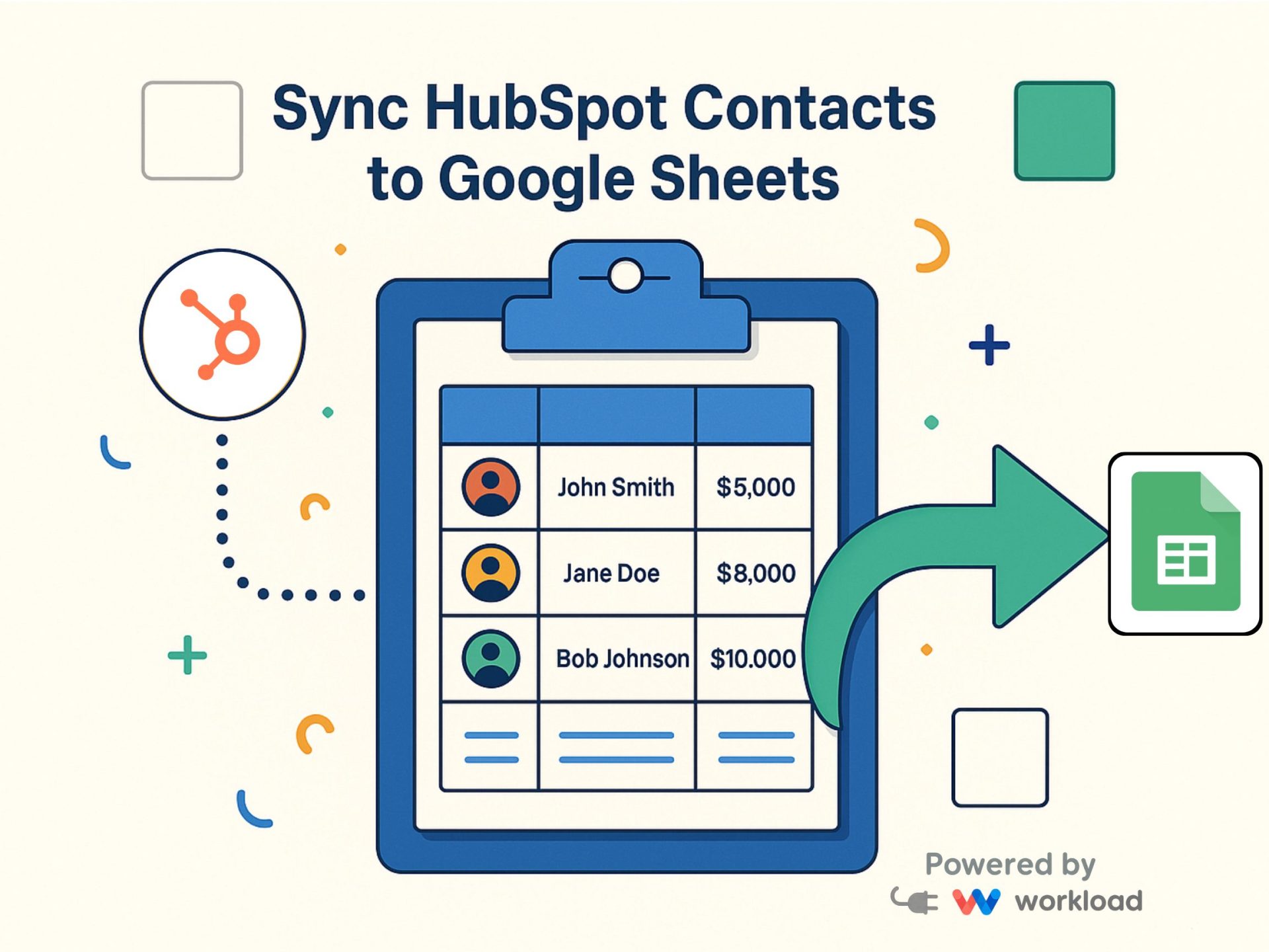 Illustration showing data flowing from HubSpot into Google Sheets with a clipboard graphic, representing the automation to sync HubSpot Contacts to Google Sheets.