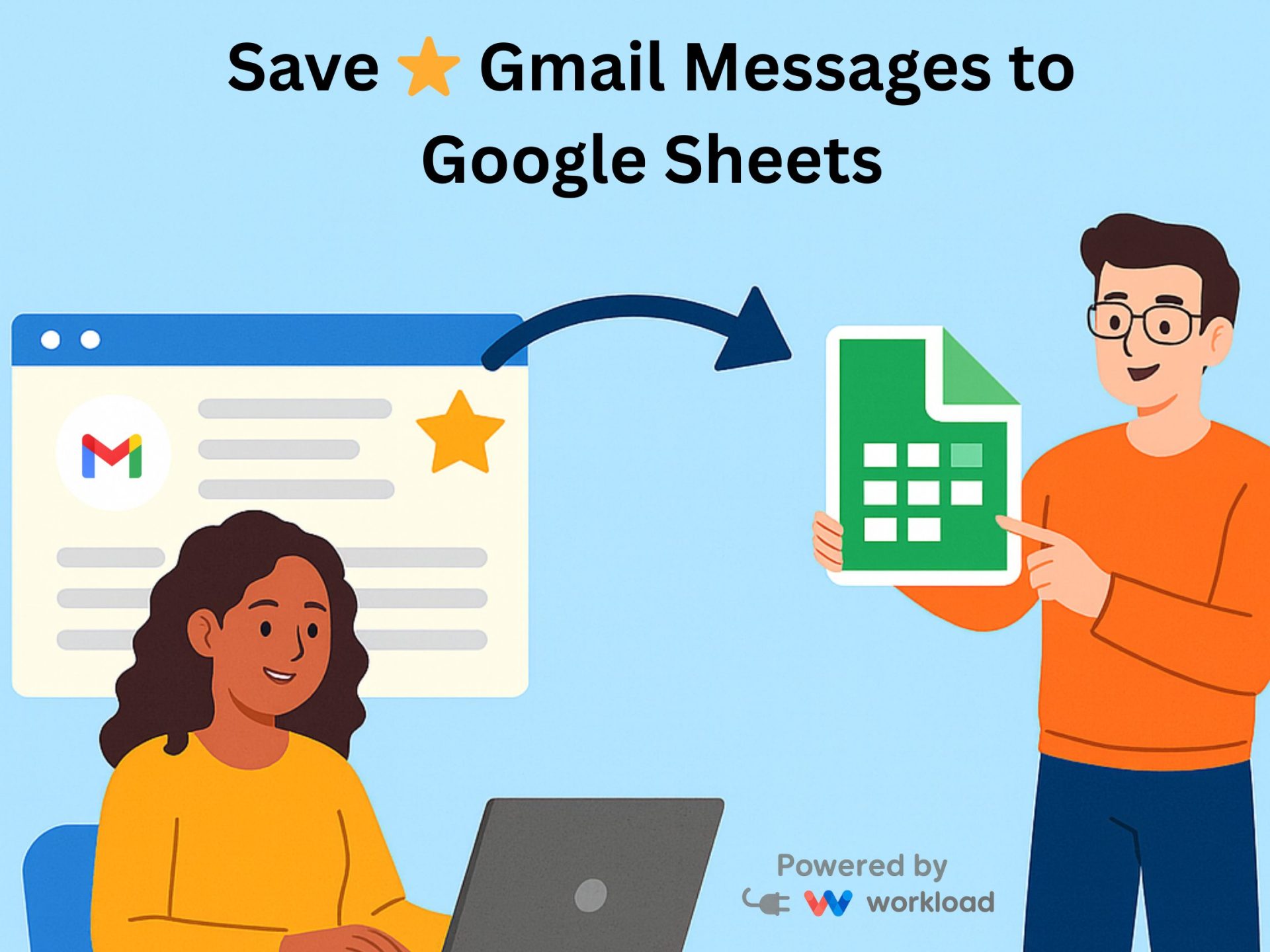 Save Gmail Messages to Google Sheets with a starred email flowing into a spreadsheet.