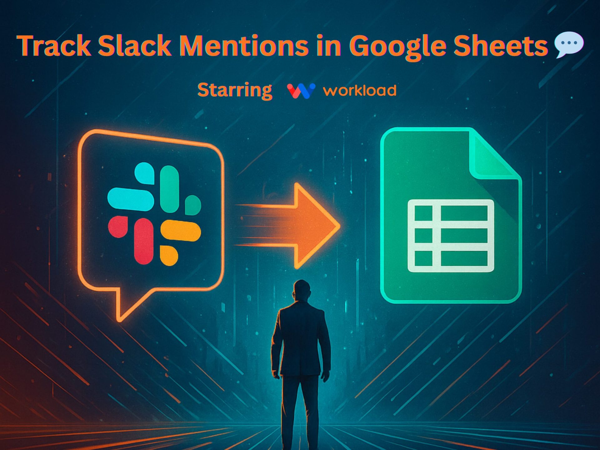 Futuristic movie-poster style featured image showing automation to Track Slack Mentions in Google Sheets, with neon Slack and Google Sheets icons.