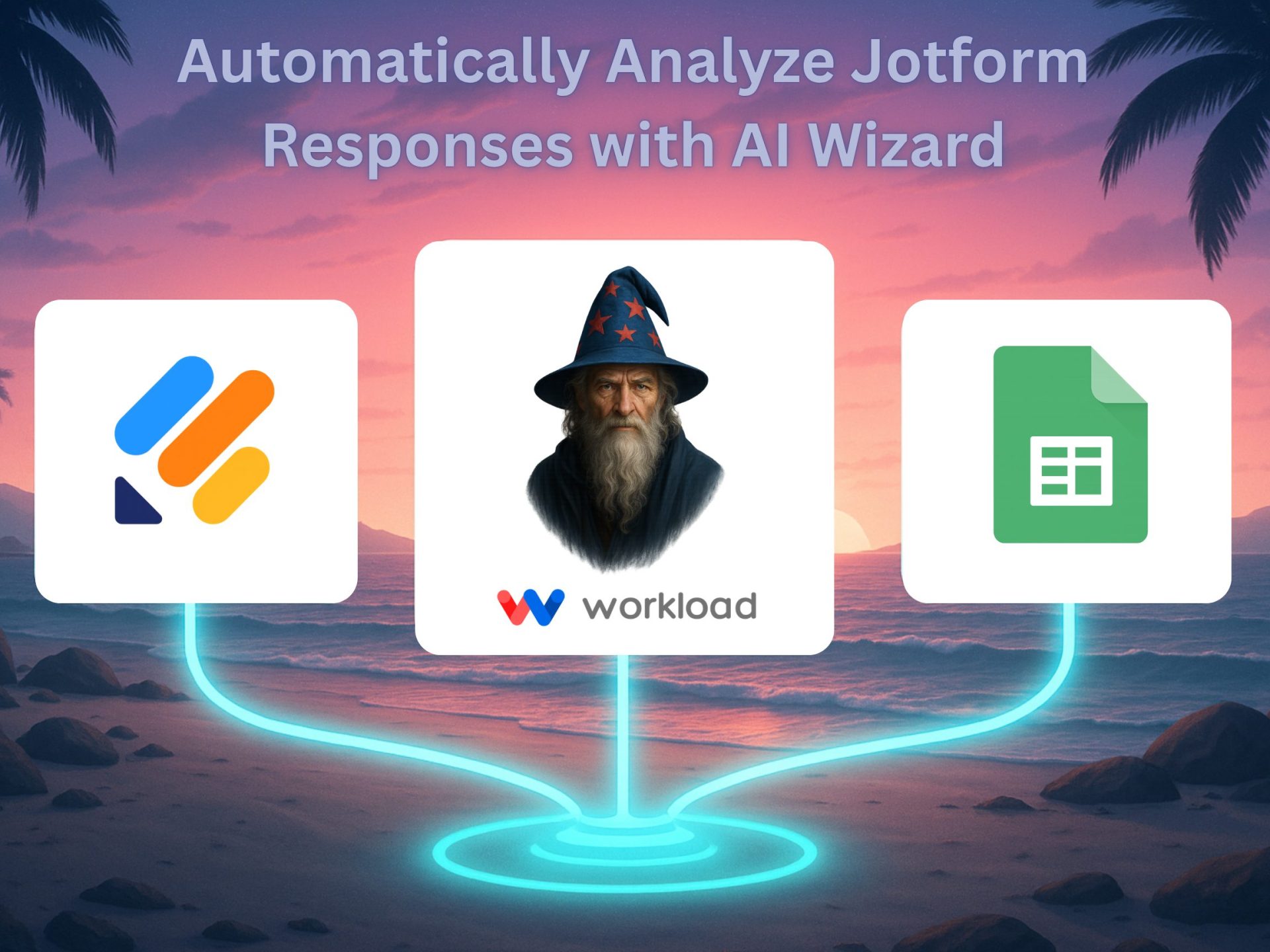 Featured image showing Jotform, AI Wizard, and Google Sheets connected in a futuristic beach scene with the text “Automatically Analyze Jotform Responses with AI Wizard.”