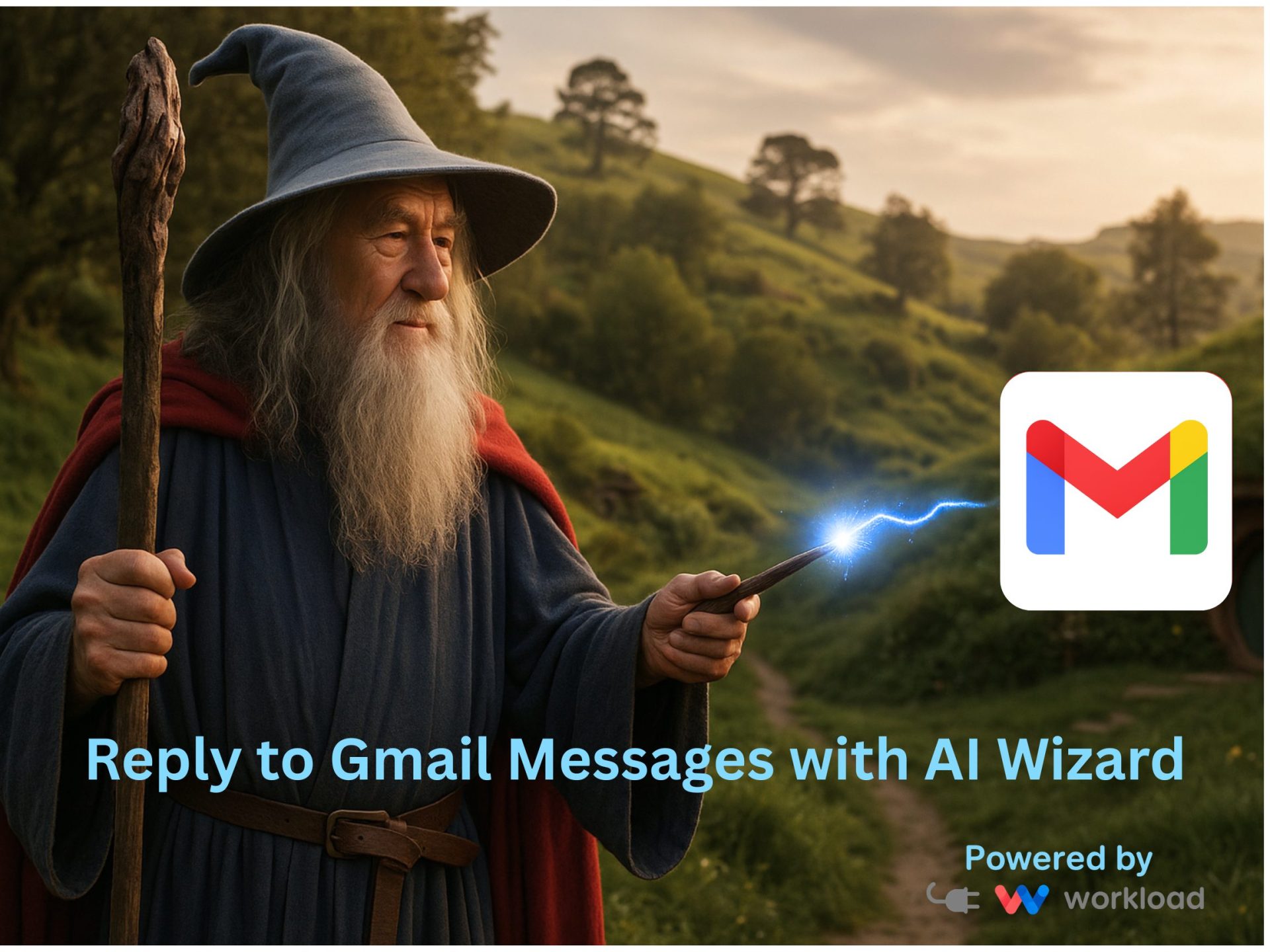 A realistic wizard using magic to Automatically Reply to Gmail Messages with AI Wizard by Workload.