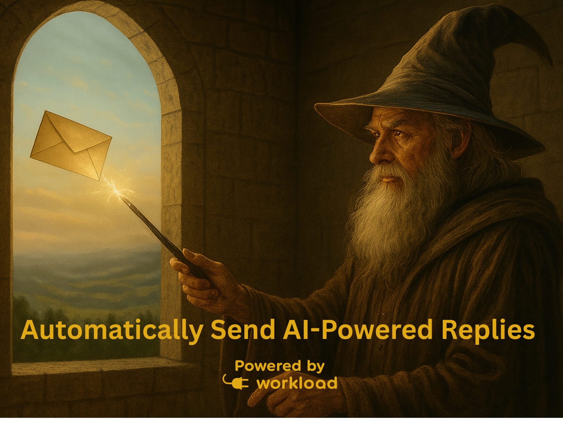 A wise wizard uses magic to send a glowing envelope through the air, symbolizing the automation to Automatically Send AI-Powered Replies.