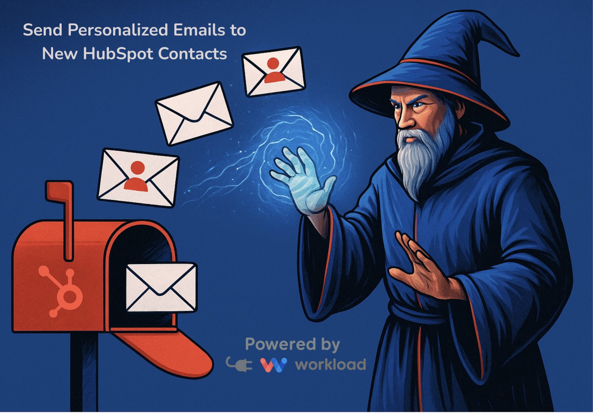 Futuristic wizard in Workload colors sending personalized emails from a glowing mailbox with HubSpot and Workload logos.