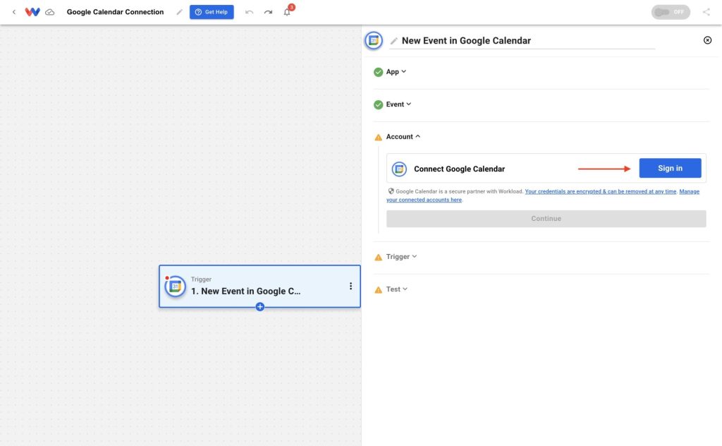 Start by clicking Sign in to Connect Google Calendar to Workload.