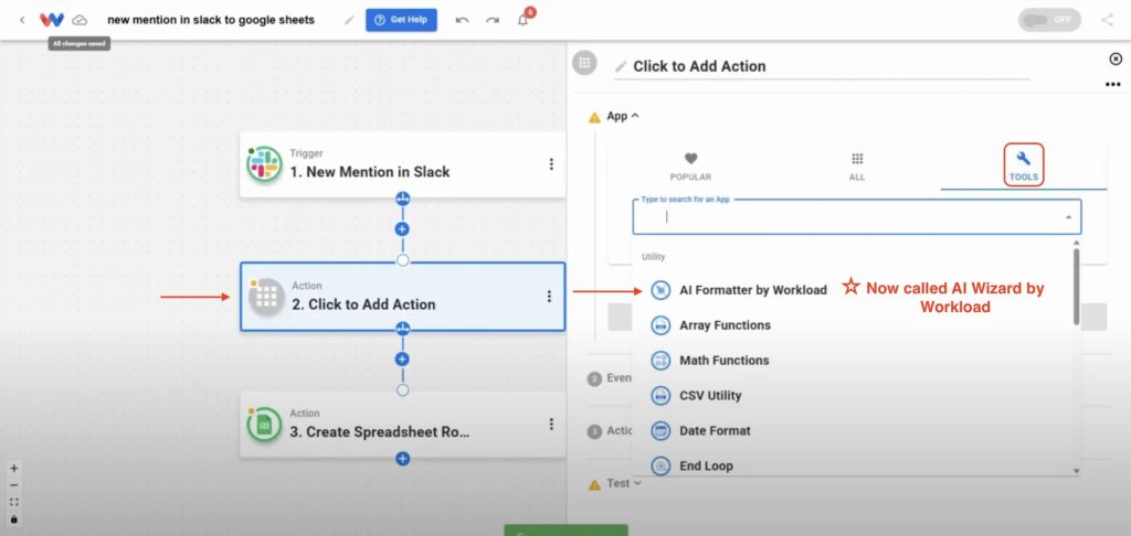 Adding AI Wizard by Workload step to format Slack timestamp data for Google Sheets.