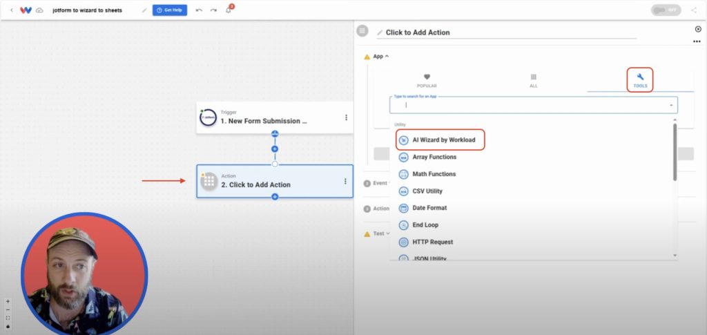 Adding AI Wizard by Workload as the next action step in the automation builder.