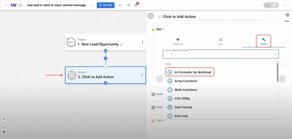 Action step opened to Tools with AI Formatter by Workload highlighted for data cleanup.