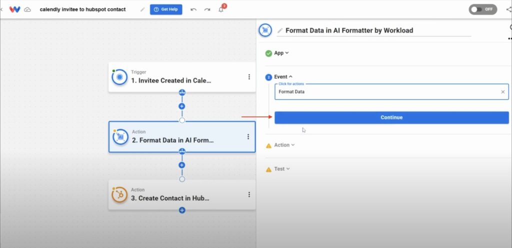 Select “Format Data” in AI Formatter to split or adjust Calendly invitee fields before sending them to HubSpot.