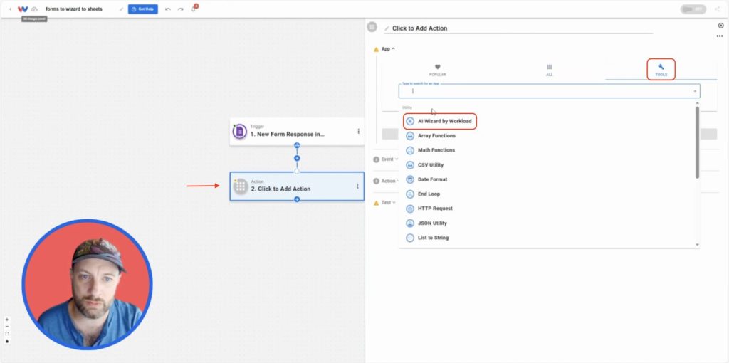 Choosing the AI Wizard by Workload tool as the next step after Google Forms to format data before sending it to Google Sheets.