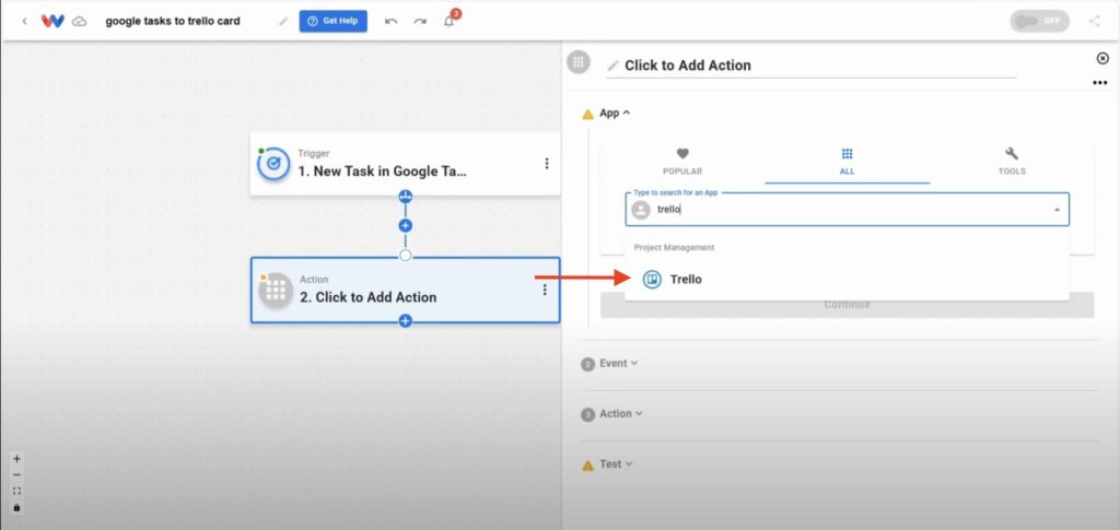 Selecting Trello as the action app in Workload.