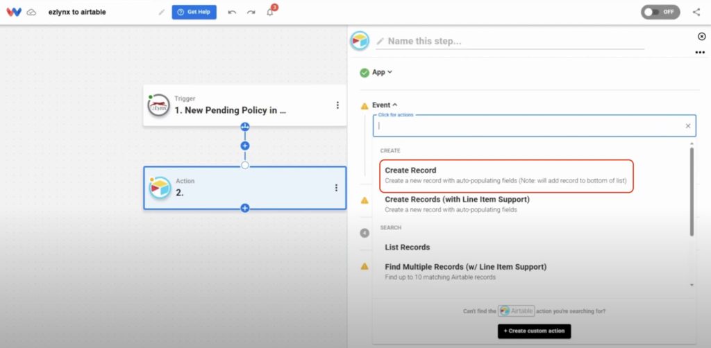 Select the Create Record action in Airtable to add new Airtable Records from EZLynx automatically.