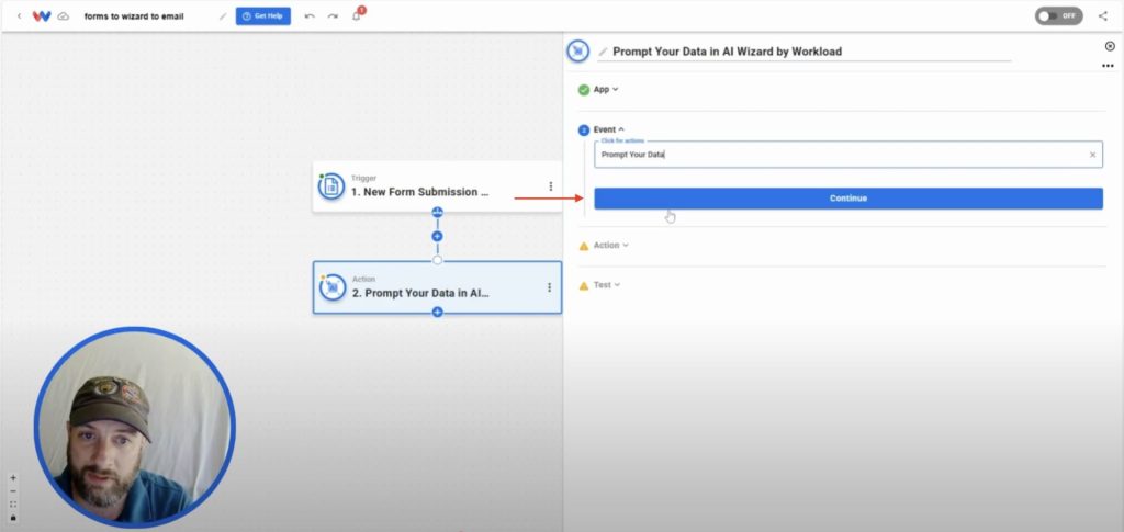 Selecting the “Prompt Your Data” event in AI Wizard by Workload to generate automatic email replies.