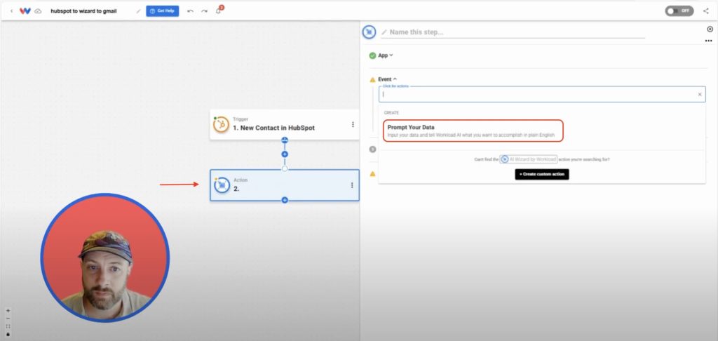 Choosing the “Prompt Your Data” action event in AI Wizard by Workload to generate personalized Gmail content.