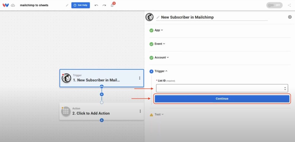 Select the subscriber list you want to monitor in order to Track Mailchimp Subscribers.