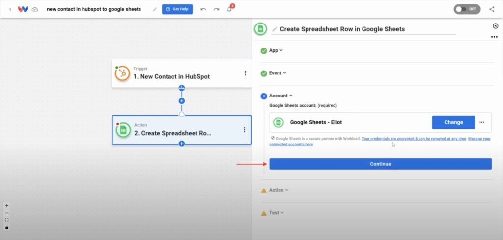 Connect your Google Sheets account to Workload to Sync HubSpot Contacts to Google Sheets.