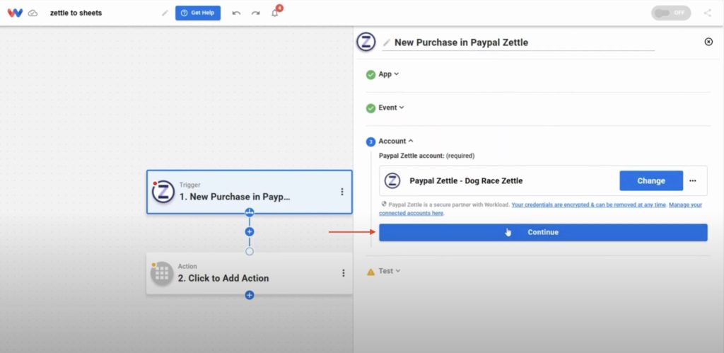 Workload interface showing the PayPal Zettle account was linked and then click the Continue button.