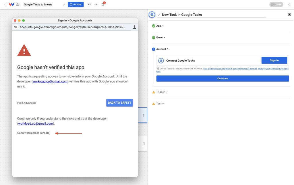 Approving Google’s warning to continue setting up the Automatically Log Google Tasks automation