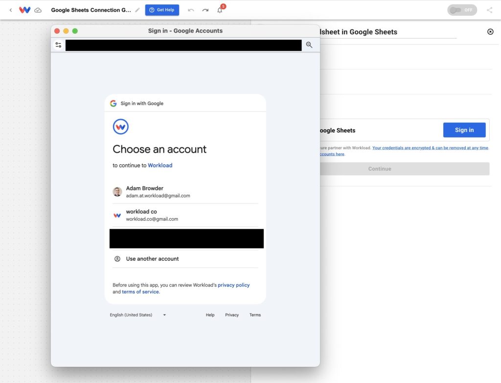Google sign-in window prompting the user to choose an account for connecting Google Sheets to Workload.