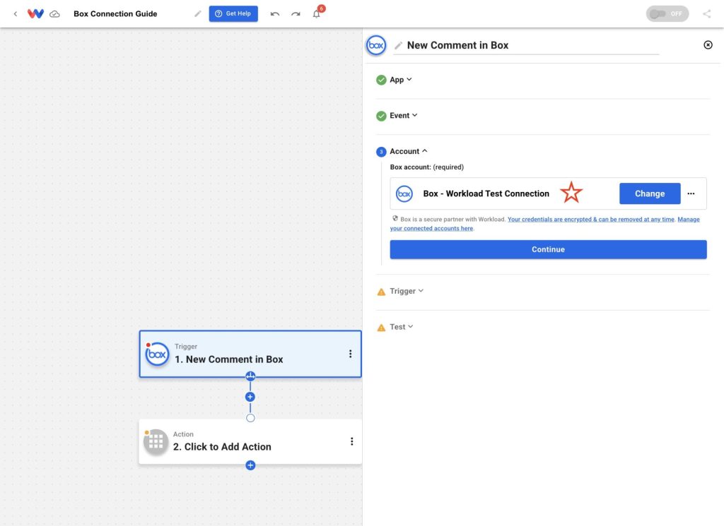 Box account successfully connected within a Workload automation, confirming that the user has Set Up a Box Connection.