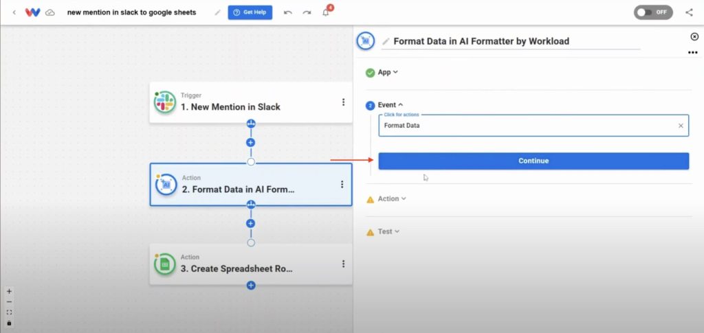 Selecting the "Format Data" event in AI Formatter within Workload.