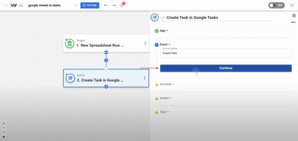 Selecting the "Create Task" action event in Google Tasks inside the Workload editor.