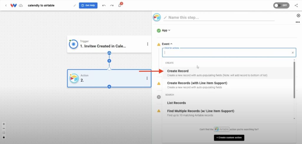 Setting up Airtable to create a new record for every Calendly invitee as part of the workflow.