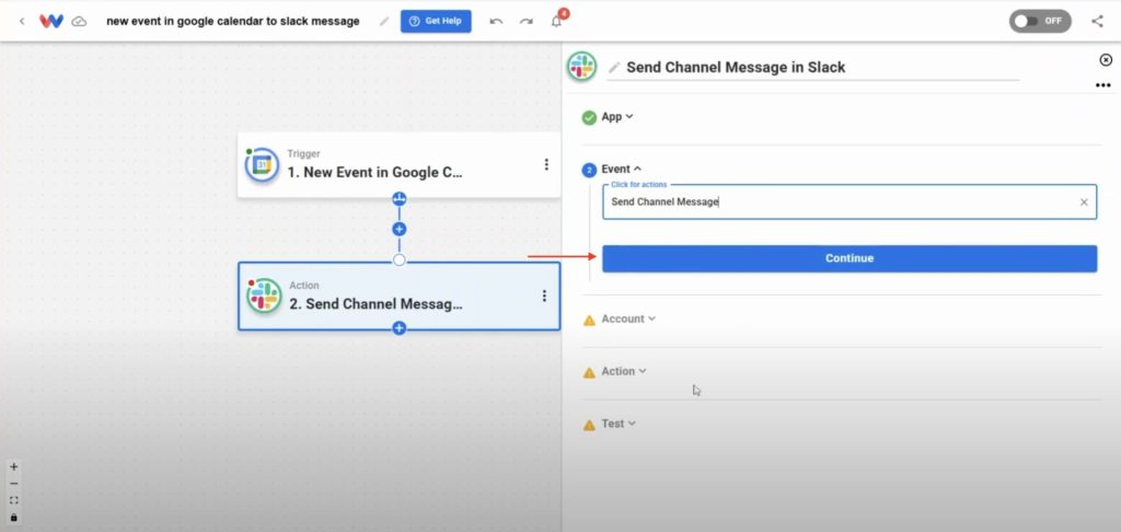 Choosing "Send Channel Message" as the Slack action inside Workload’s automation builder.