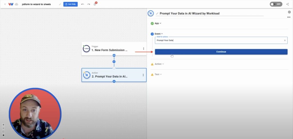Selecting the Prompt Your Data event for AI Wizard in Workload automation builder.