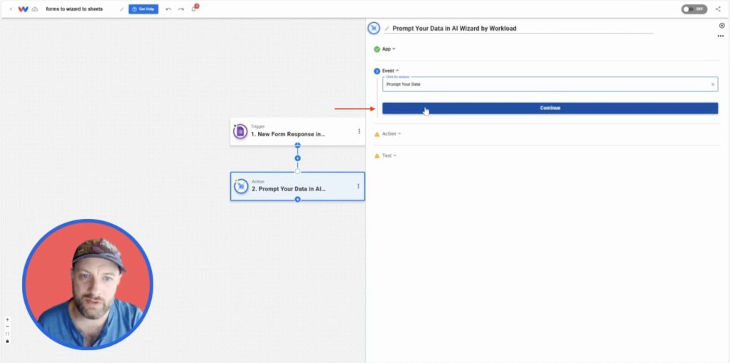 Selecting the “Prompt Your Data” event in the AI Wizard by Workload step to process form responses before sending to Google Sheets.