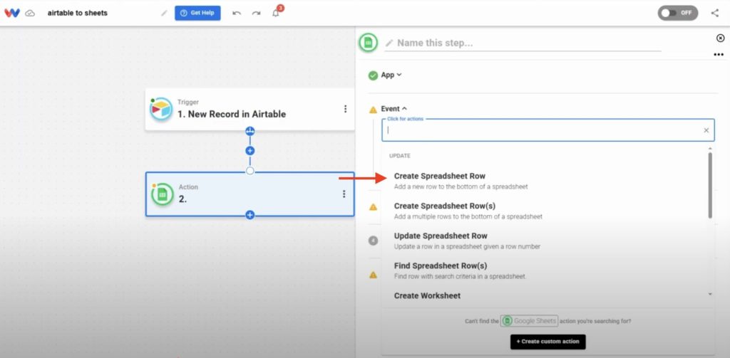 Choosing the “Create Spreadsheet Row” event to complete the Airtable Records to Sheets workflow.
