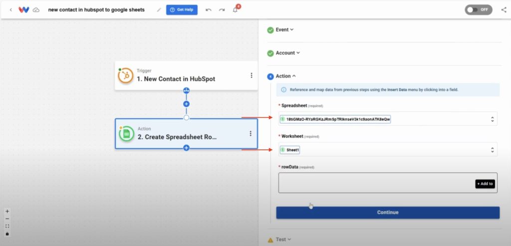 Select the spreadsheet and worksheet in Google Sheets where new contacts will be stored.