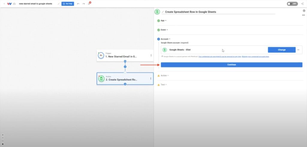 Connect your Google Sheets account to Workload to complete the Gmail Messages to Google Sheets automation.