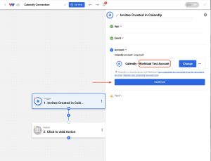 Step’s account field showing a linked Calendly account after you Connect Calendly to Workload.