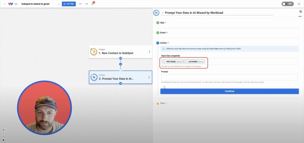 Mapping first and last name fields in AI Wizard by Workload from a new HubSpot contact.