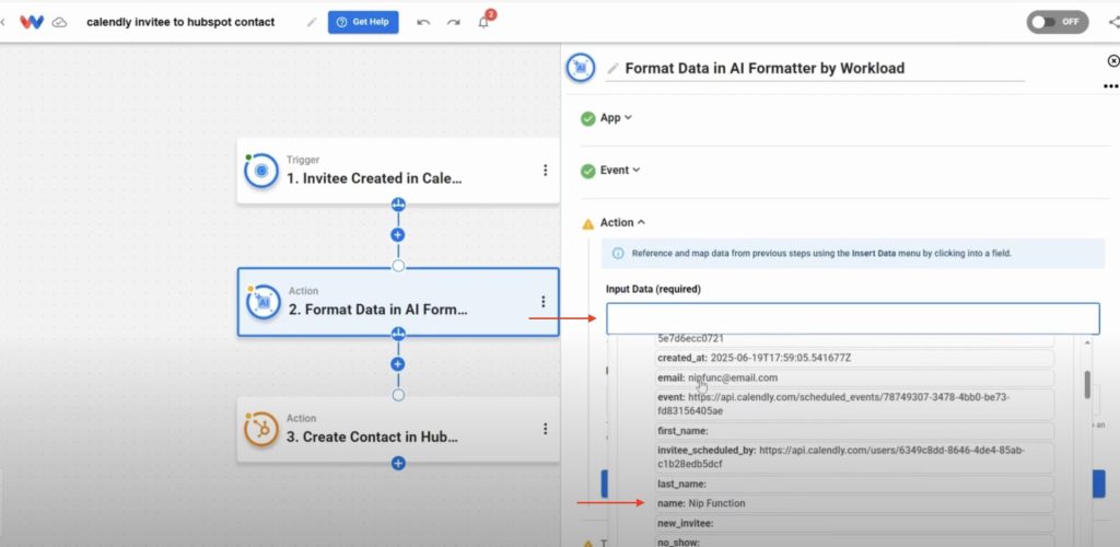 Insert Calendly invitee details to prepare for Sync Calendly Invitees to HubSpot Contacts.