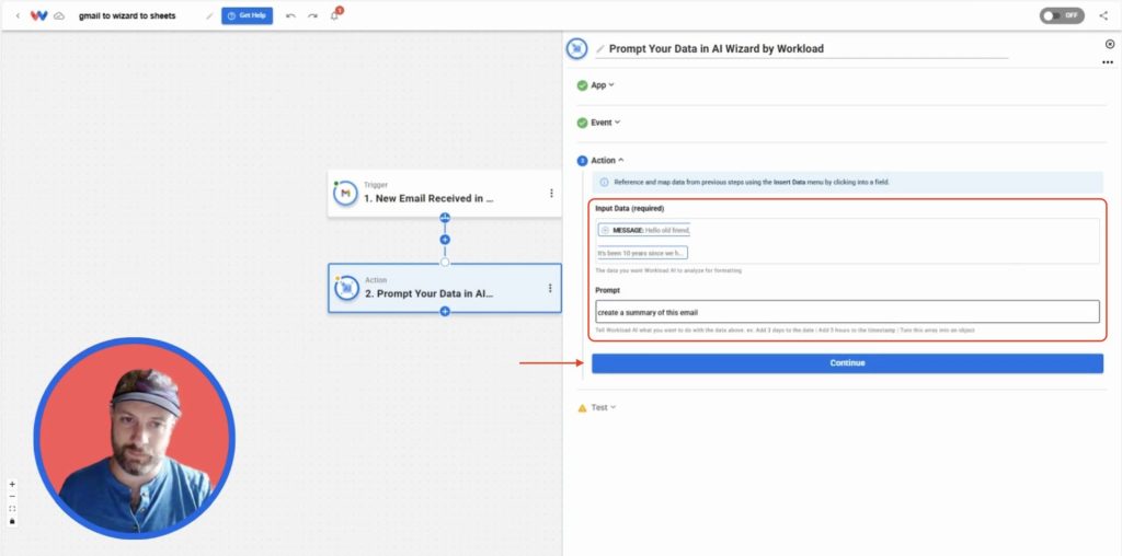 Configuring AI Wizard in Workload to summarize Gmail message content for Summarize New Emails with AI.