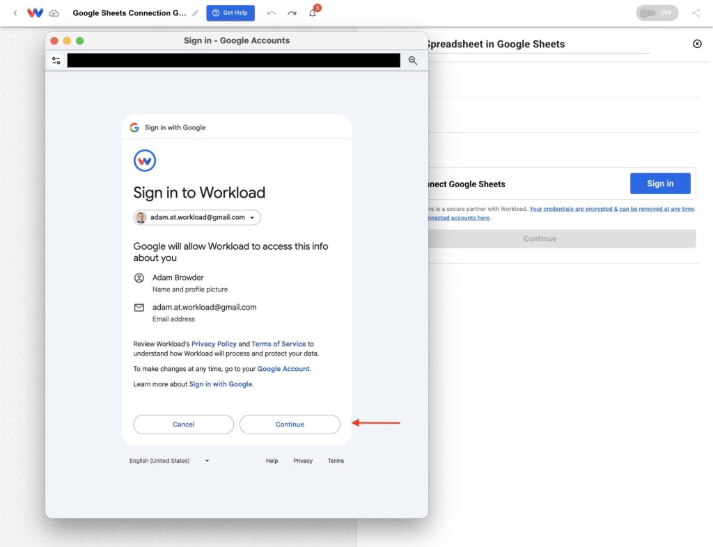 Google authorization page showing account details and the Continue button to confirm sign-in.