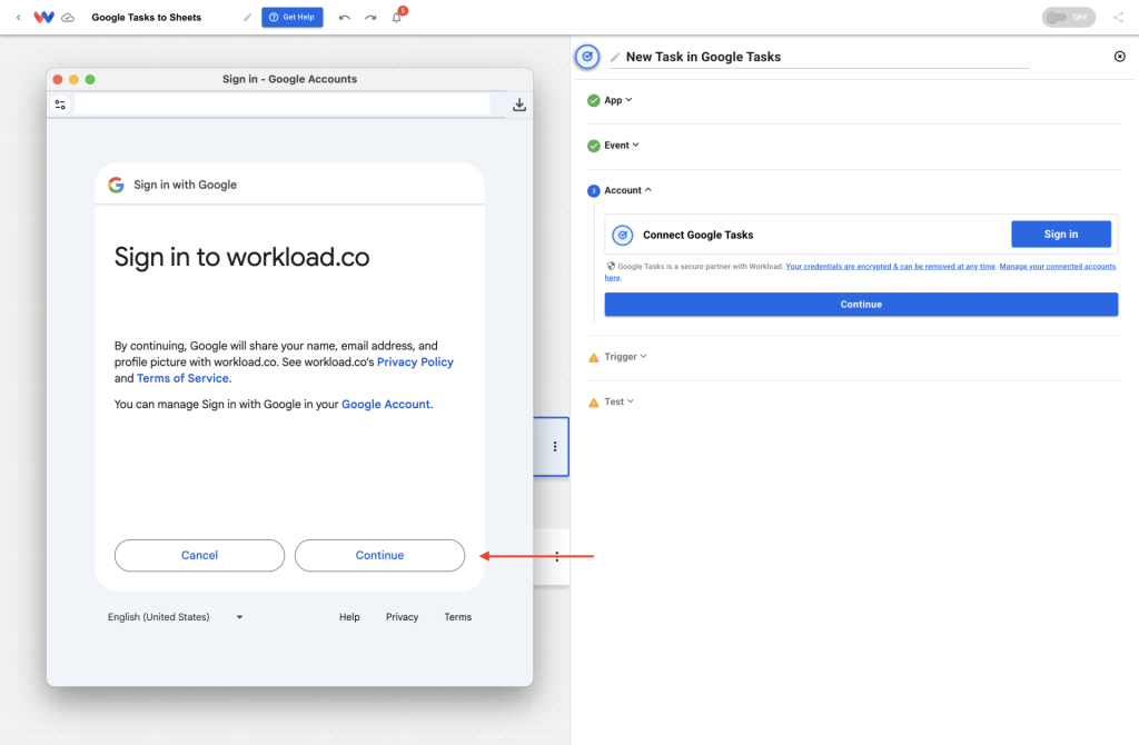 Sign-in screen confirming Google Tasks access for the workflow