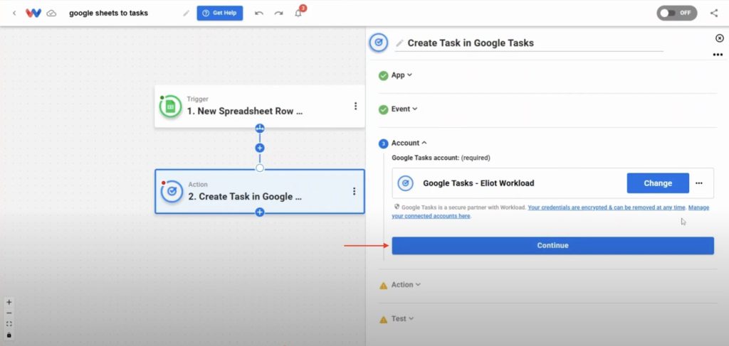 Connecting a Google Tasks account in Workload before continuing the automation setup.