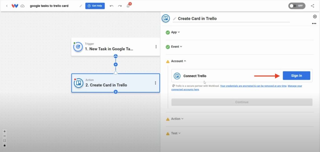 Sign in to your Trello account to connect it securely with Workload.