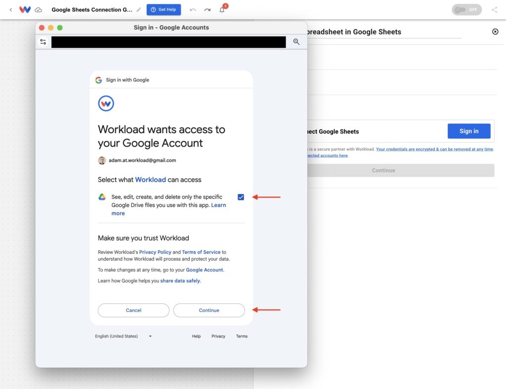 Permission screen showing Google Sheets access settings when linking with Workload.