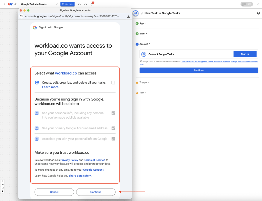 Google permission screen for connecting Google Tasks with Workload to Automatically Log Google Tasks into Google Sheets