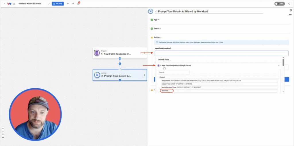 Configuring the input data field in AI Wizard to reference answers from the Google Forms trigger for the Import Google Forms into Google Sheets automation.