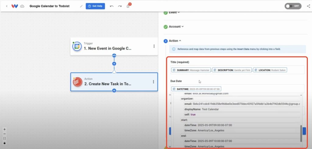 Editor view of Workload platform with red box around the fields to map for the Todoist action step.