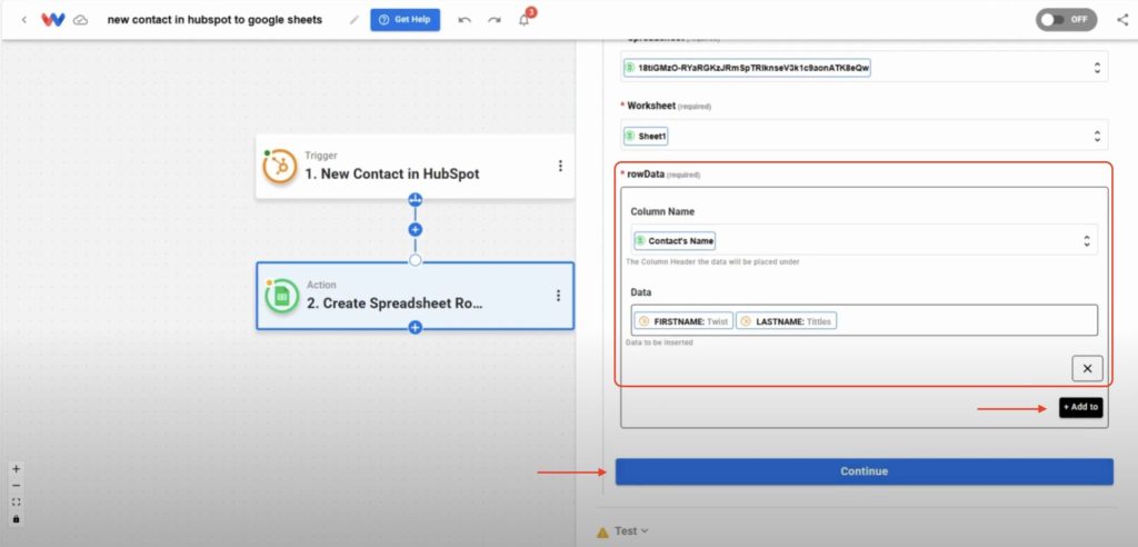Map fields such as First Name, Last Name, and Email to Google Sheets columns.