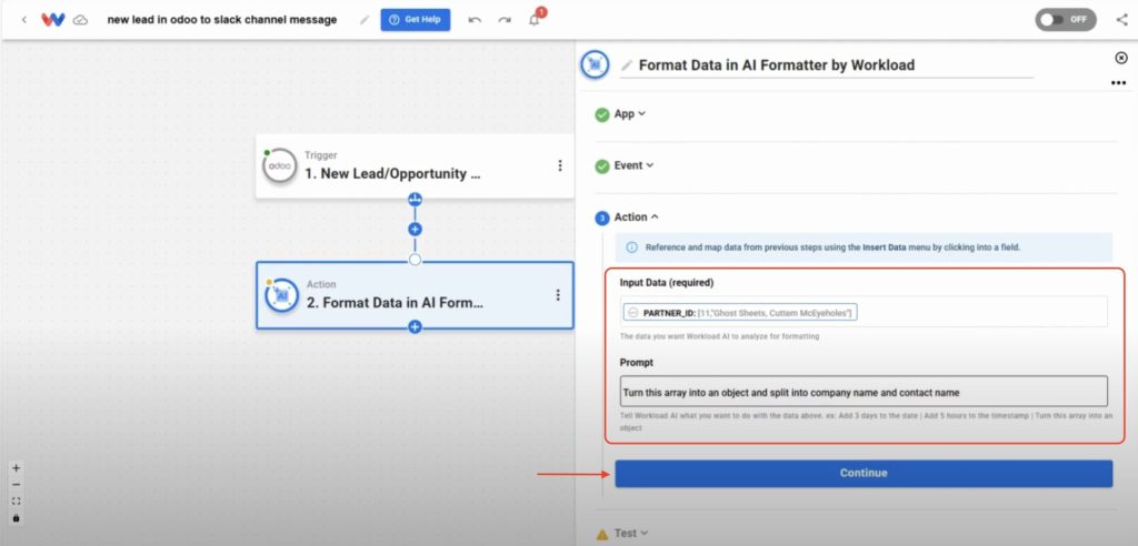 AI Formatter input set with partner_id and prompt to split company and contact name to Send Odoo Leads to Slack.