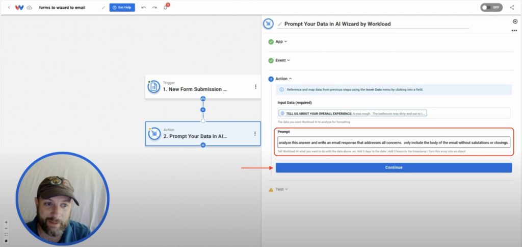 Writing a prompt that instructs AI Wizard to analyze the form response and craft an intelligent email reply.