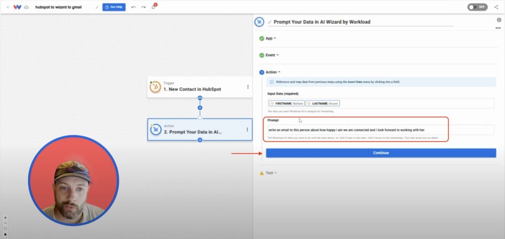 Writing an AI prompt to generate a personalized welcome message for Send Personalized HubSpot Emails automation.
